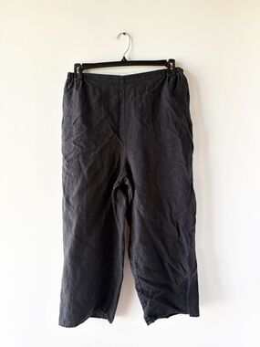 FLAX Black 100% Linen Straight Leg Cropped Pants Elastic Waist Minimalist L